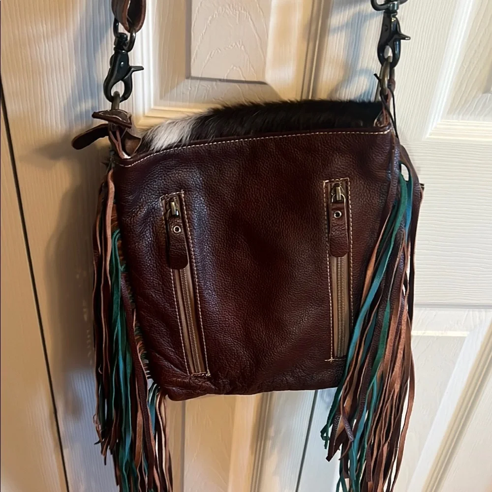 Myra Bag Brown and Turquoise Crossbody with Fringe - Picture 3 of 7